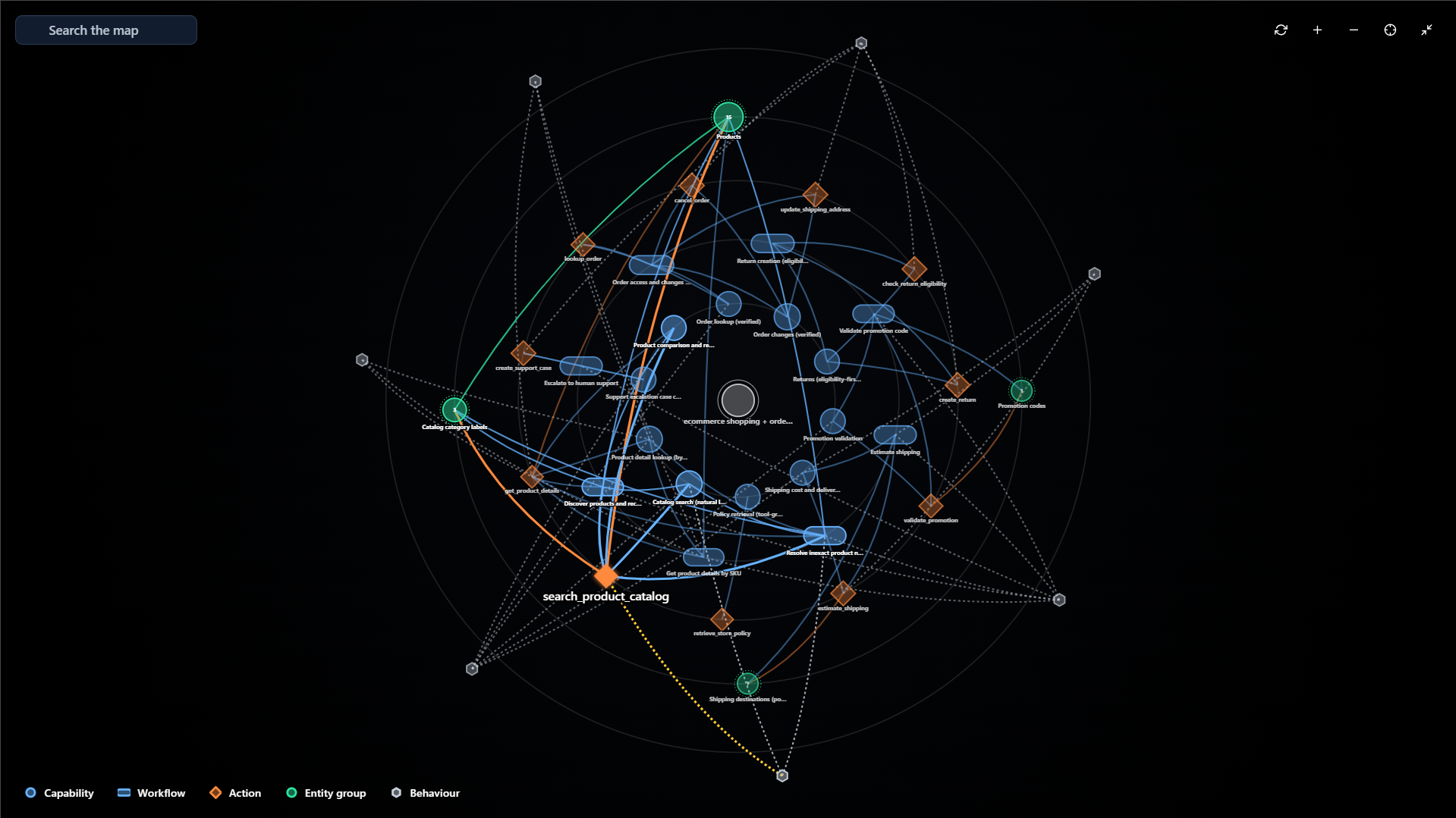 QualiLoop behavioral map showing discovered AI capabilities, workflows, actions, entity groups, and behaviors